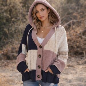 POL Patchwork Boho Hooded Cardigan – Cozy, Cool & Effortlessly Unique Sz S NWOT